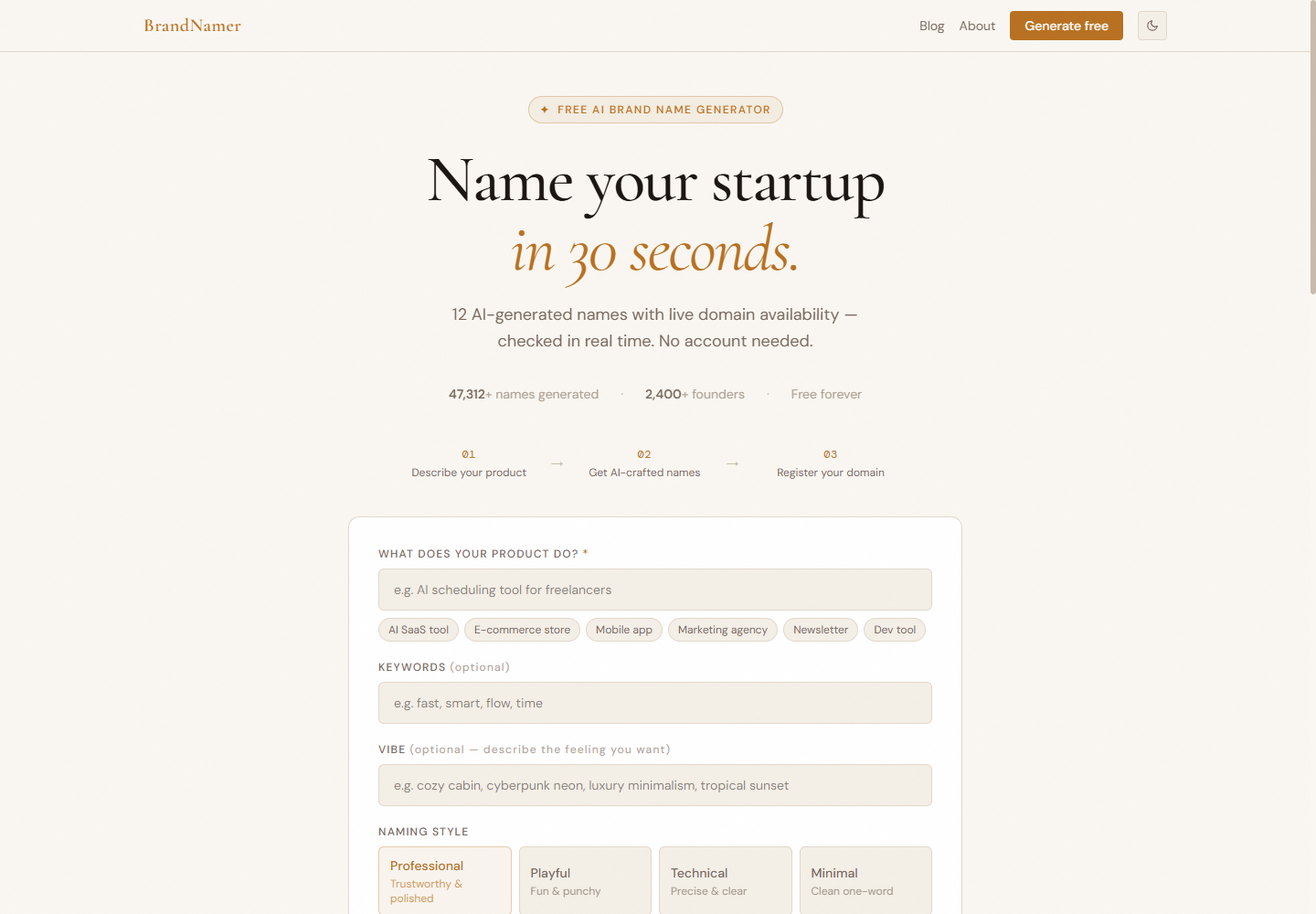 BrandNamer, showing the generator and live domain availability.