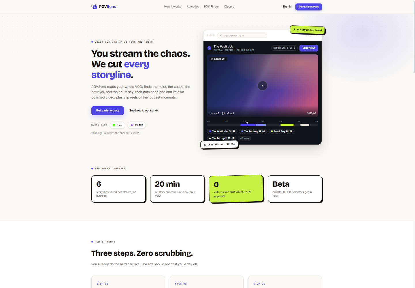 The POVSync landing page showing the storyline finder and clip review queue.