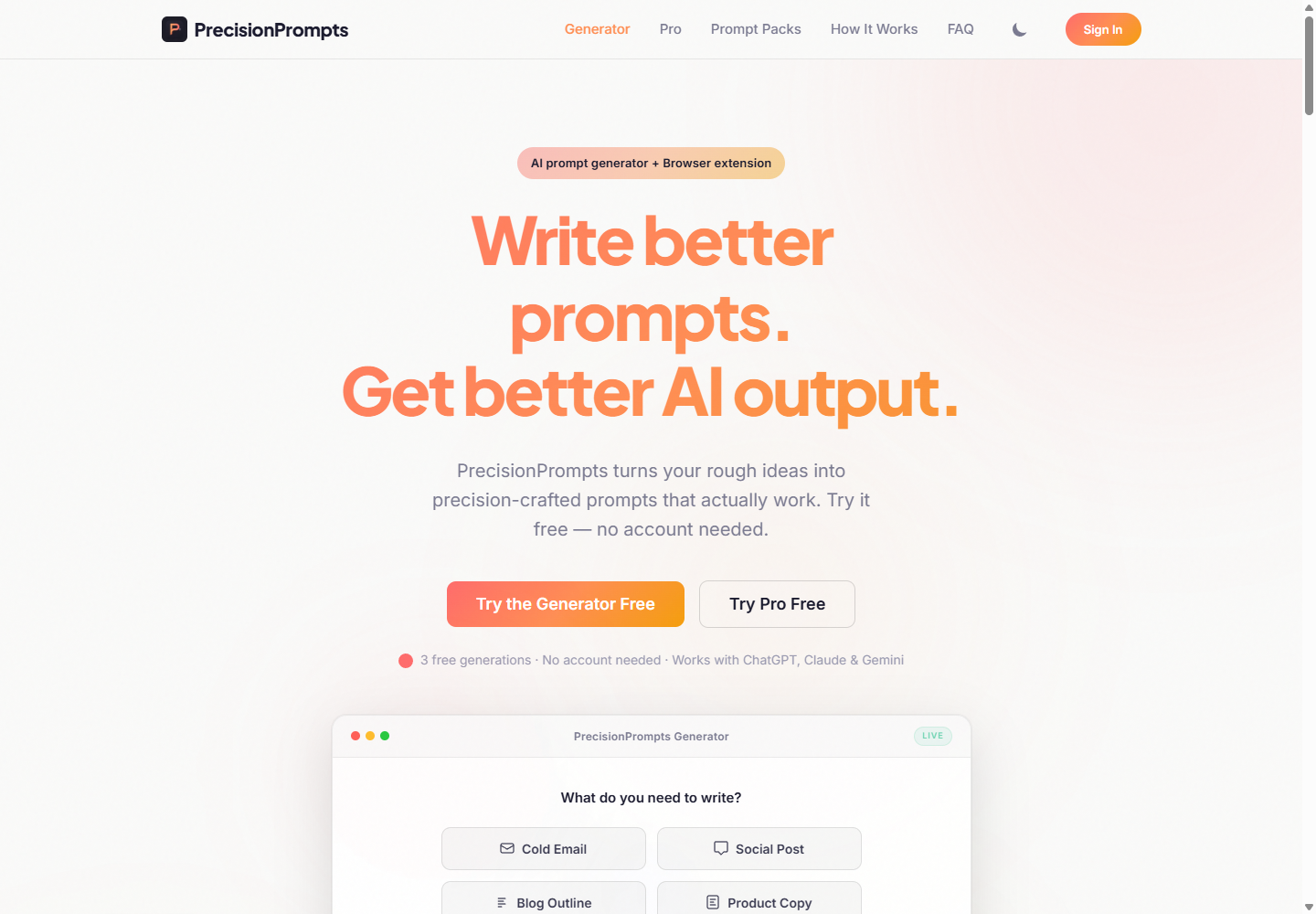 PrecisionPrompts, showing the free generator on the landing page.