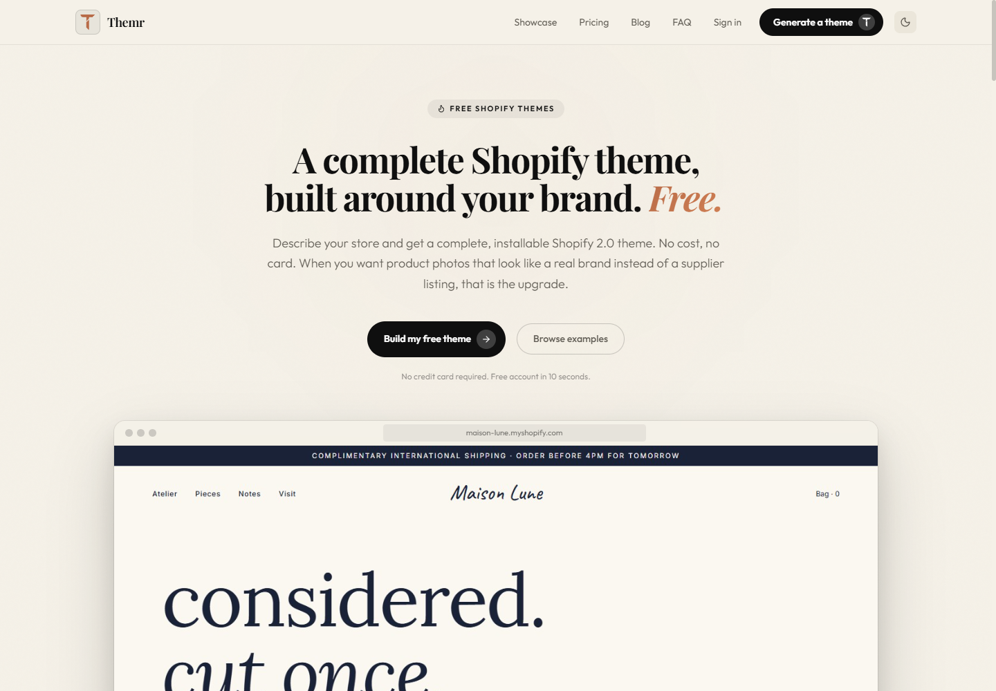 The Themr home page, with a generated storefront preview below the fold.